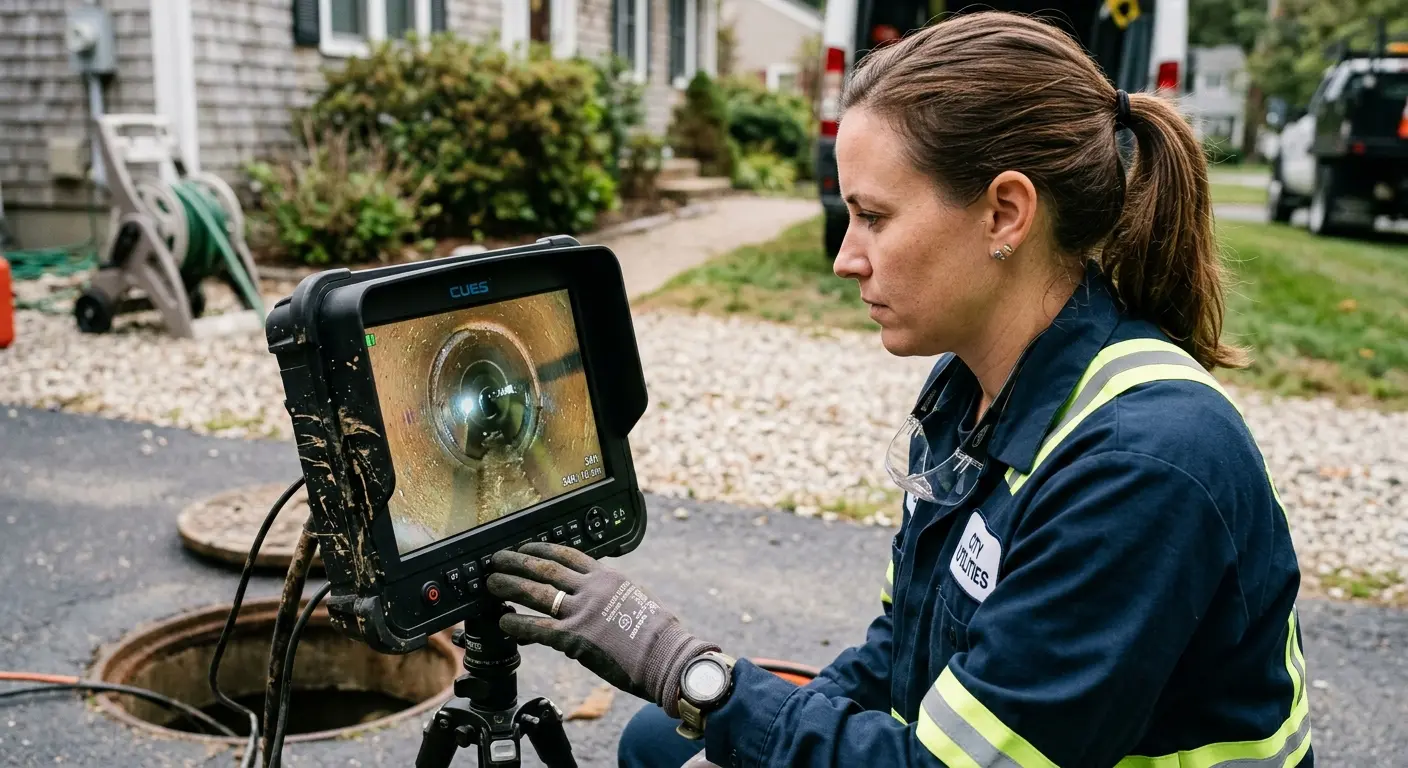 Technician reviewing sewer camera inspection footage in Forrest City