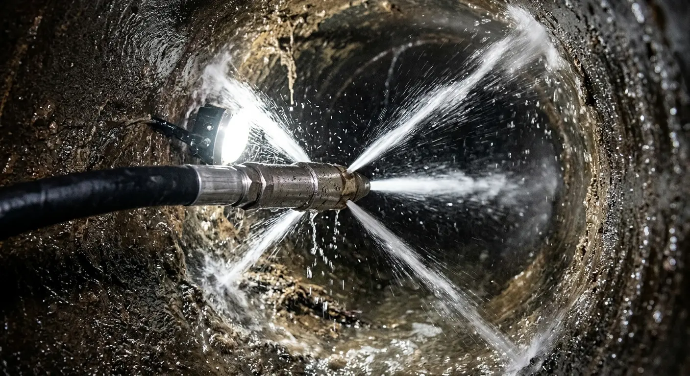 High-pressure hydro jetting nozzle cleaning sewer pipe for Sewer Line Relining in Forrest City
